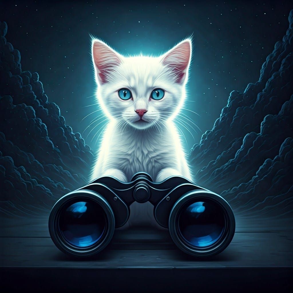 Glowing White Kitten with Binoculars