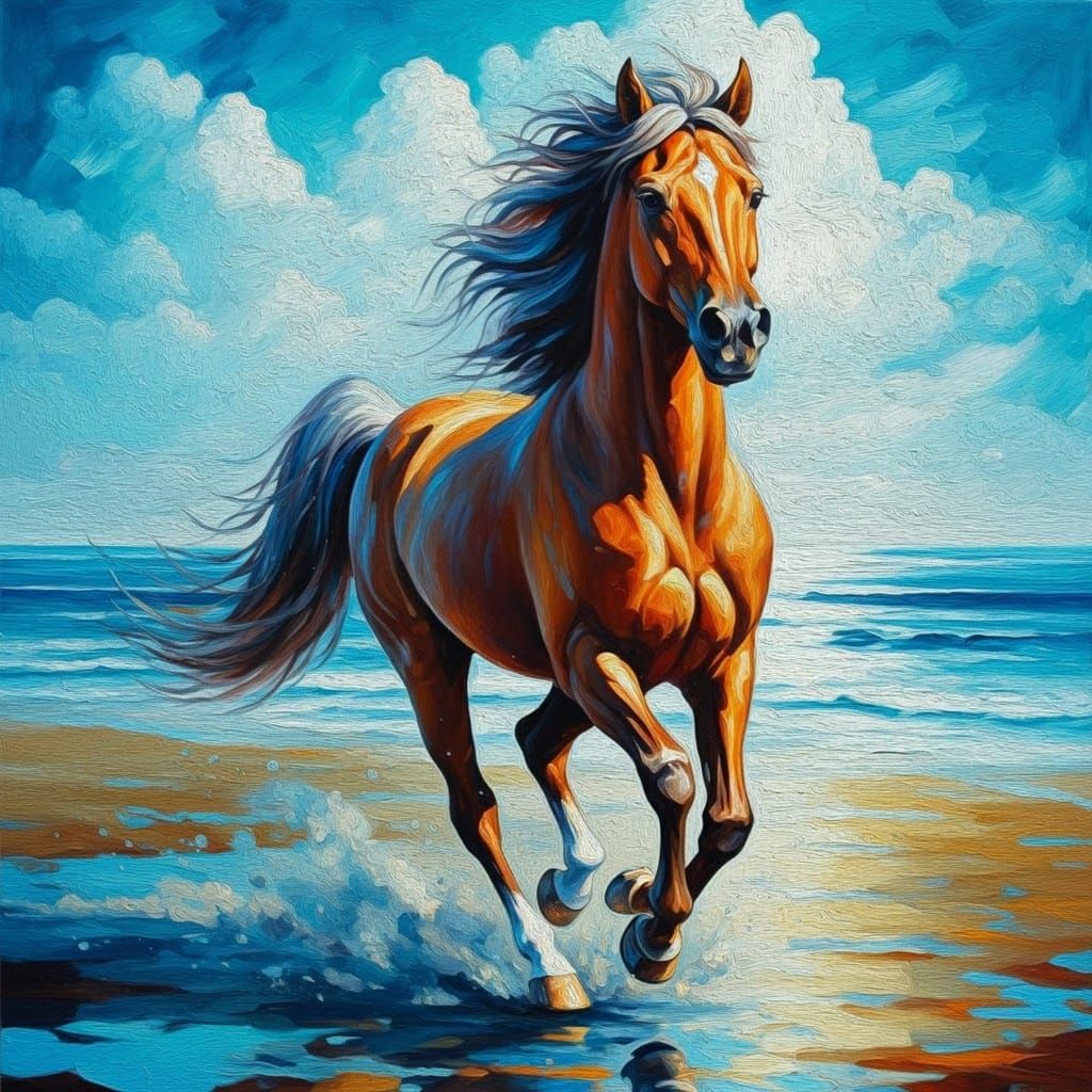 Impasto Painting of Horse Running on Beach