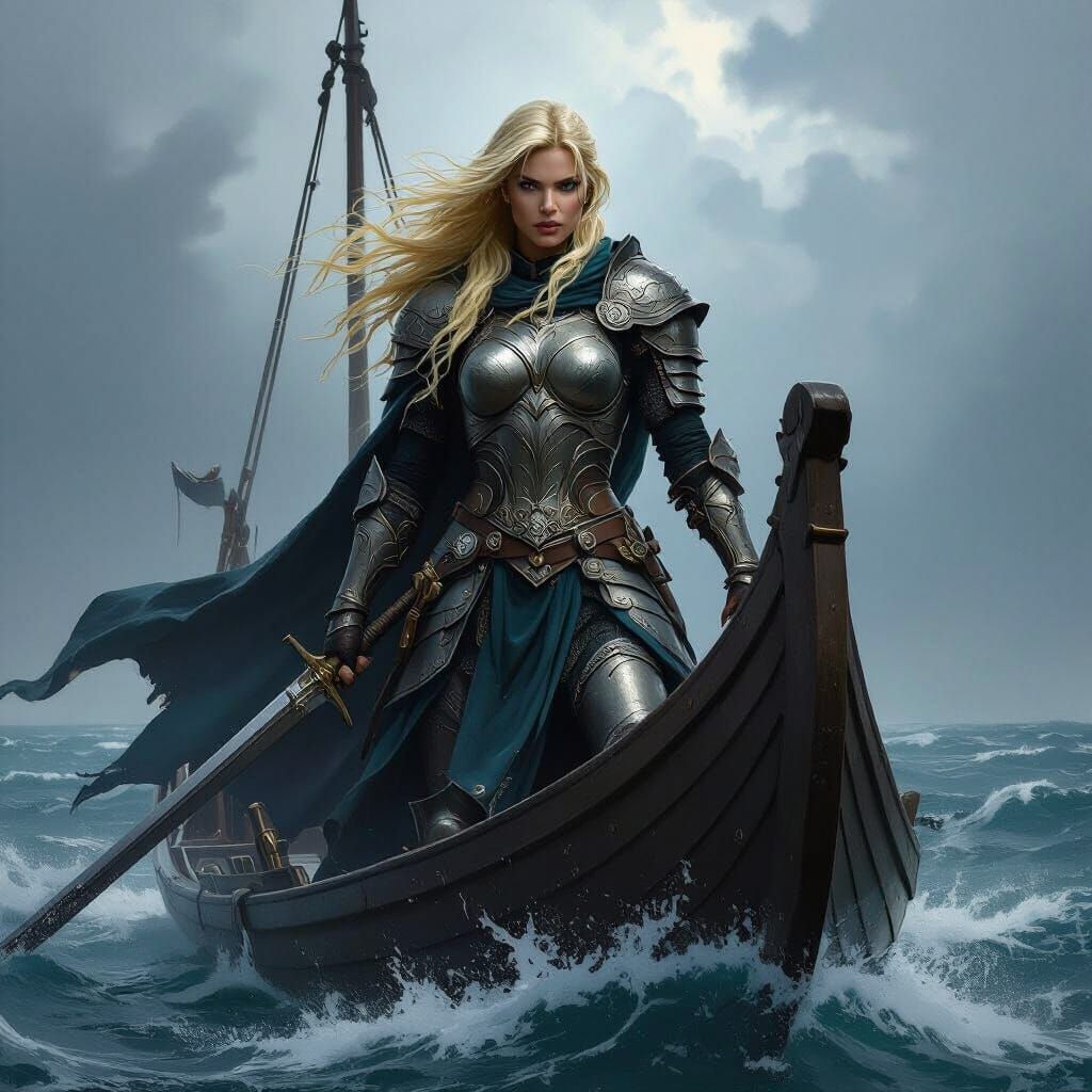 Danish Warrior Woman on Longship in Stormy Seas
