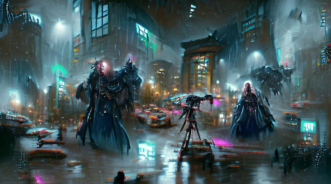 Cyberpunk Robot Sorcerer in Rainy Cityscape
