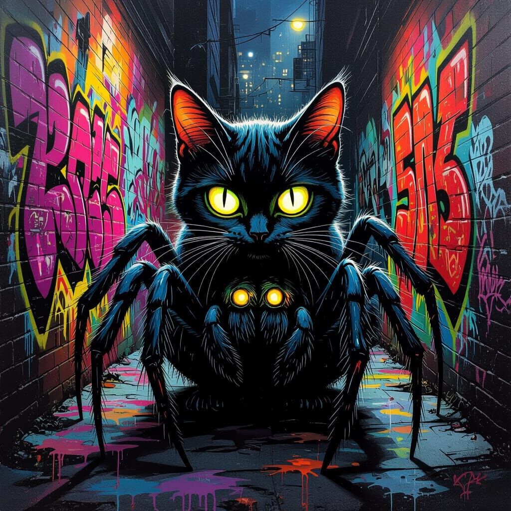 Surreal Spider-Cat in Dark Alley with Graffiti