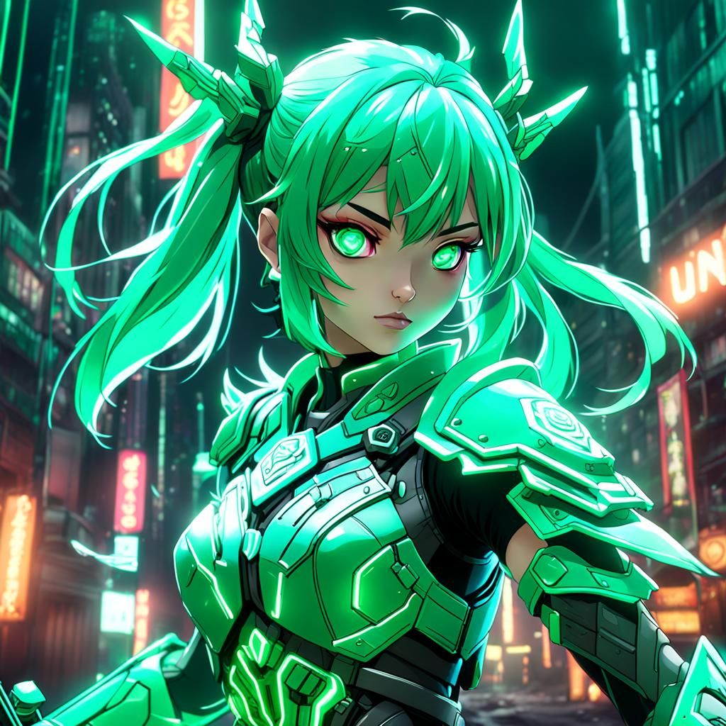 Neon Anime Warrior Girl in Detailed Matte Painting