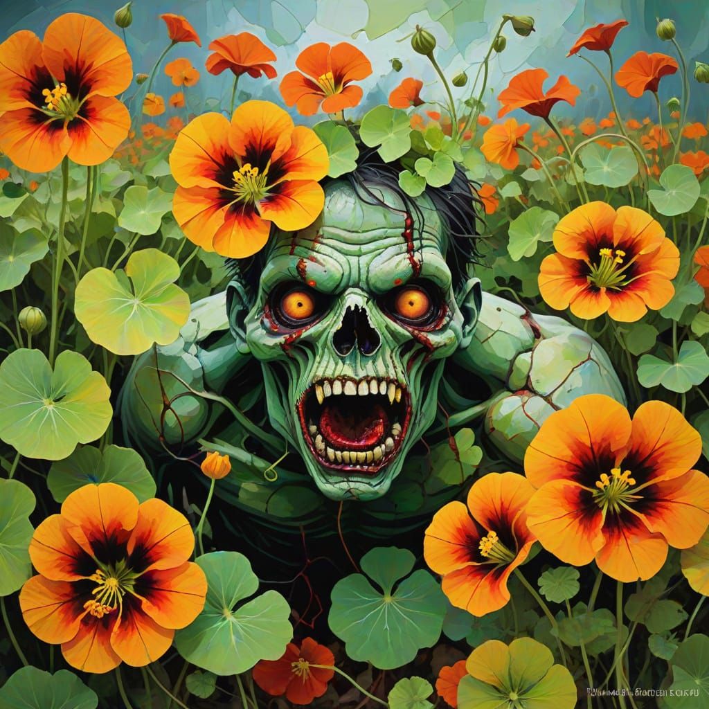Zombie Crawls Through Abstract Nasturtiums in Expressionist ...