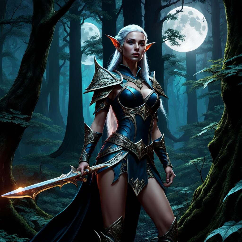 Moon Elf in Dark Fantasy Forest, Hyperdetailed Art