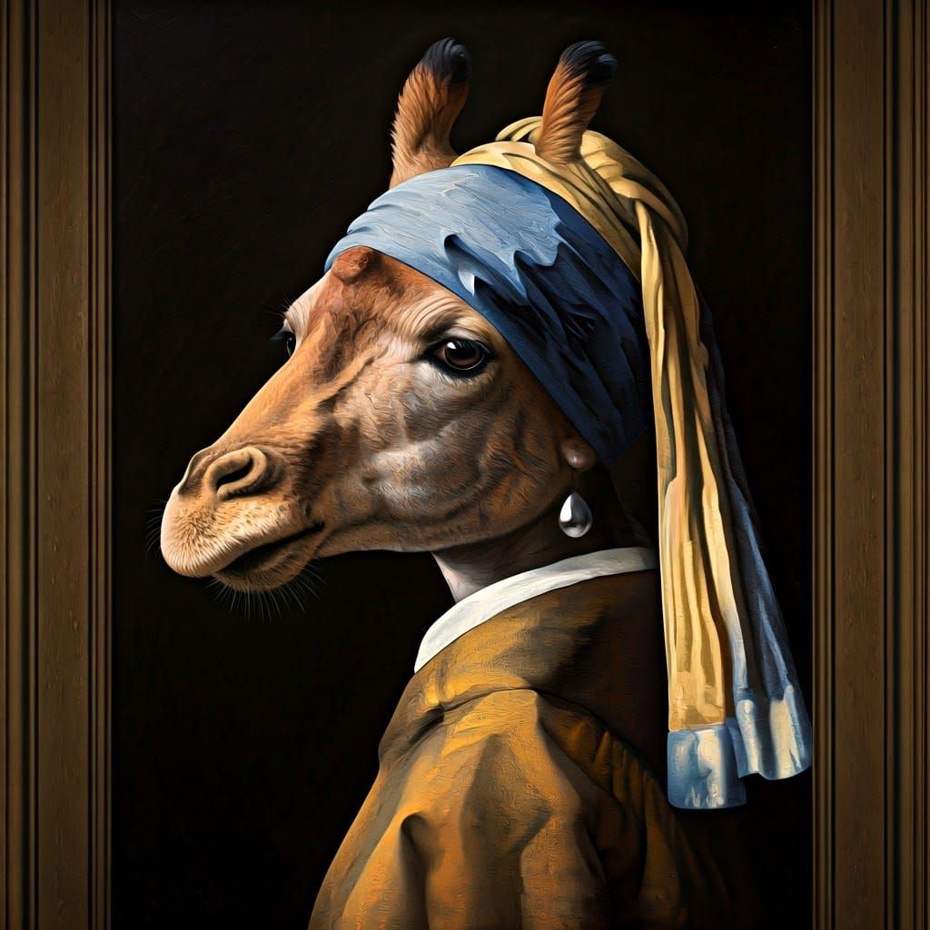 Girl with the Pearl in a Surrealist Giraffe Portrait