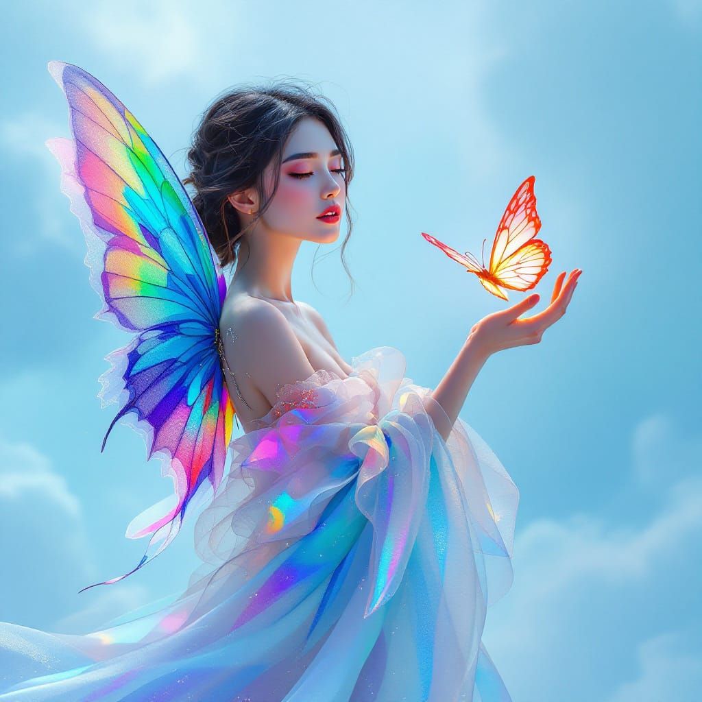 Ethereal Woman with Butterfly in Dreamlike Digital Art