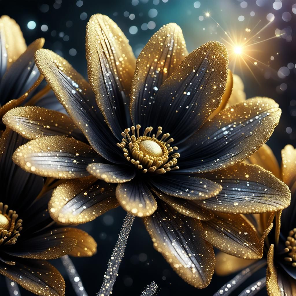 Black Flowers with Glittering Fairy Dust in Digital Art