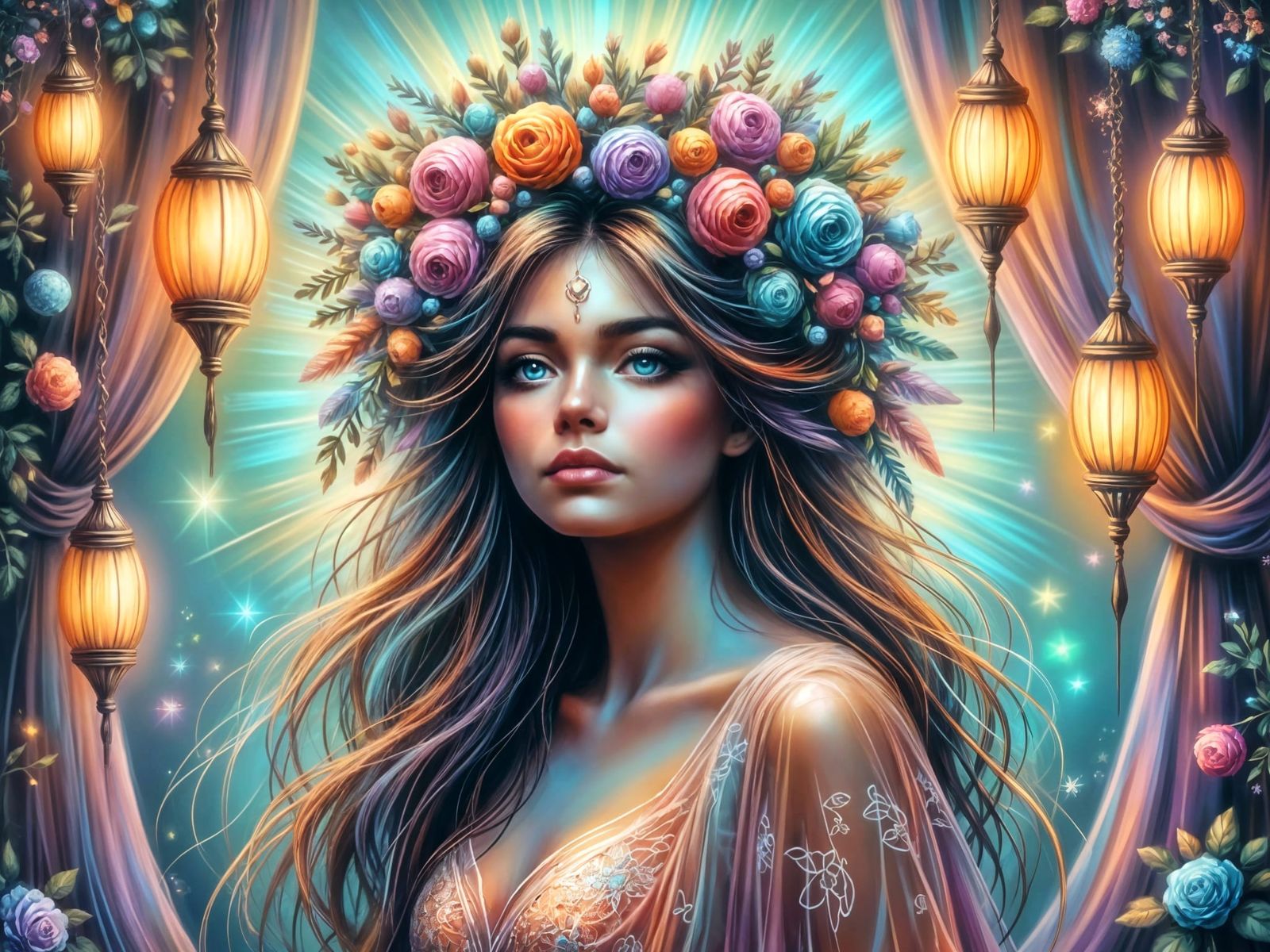 Ethereal Woman with Floral Crown in Dreamlike Fantasy Art