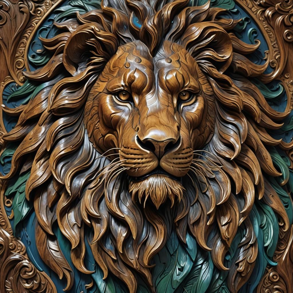 Ornate Wooden Lion Sculpture in Digital Art Style