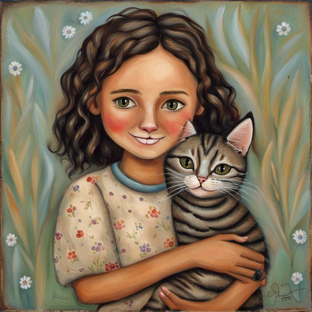 Smiling Girl with Feral Cat in Folk Art Style