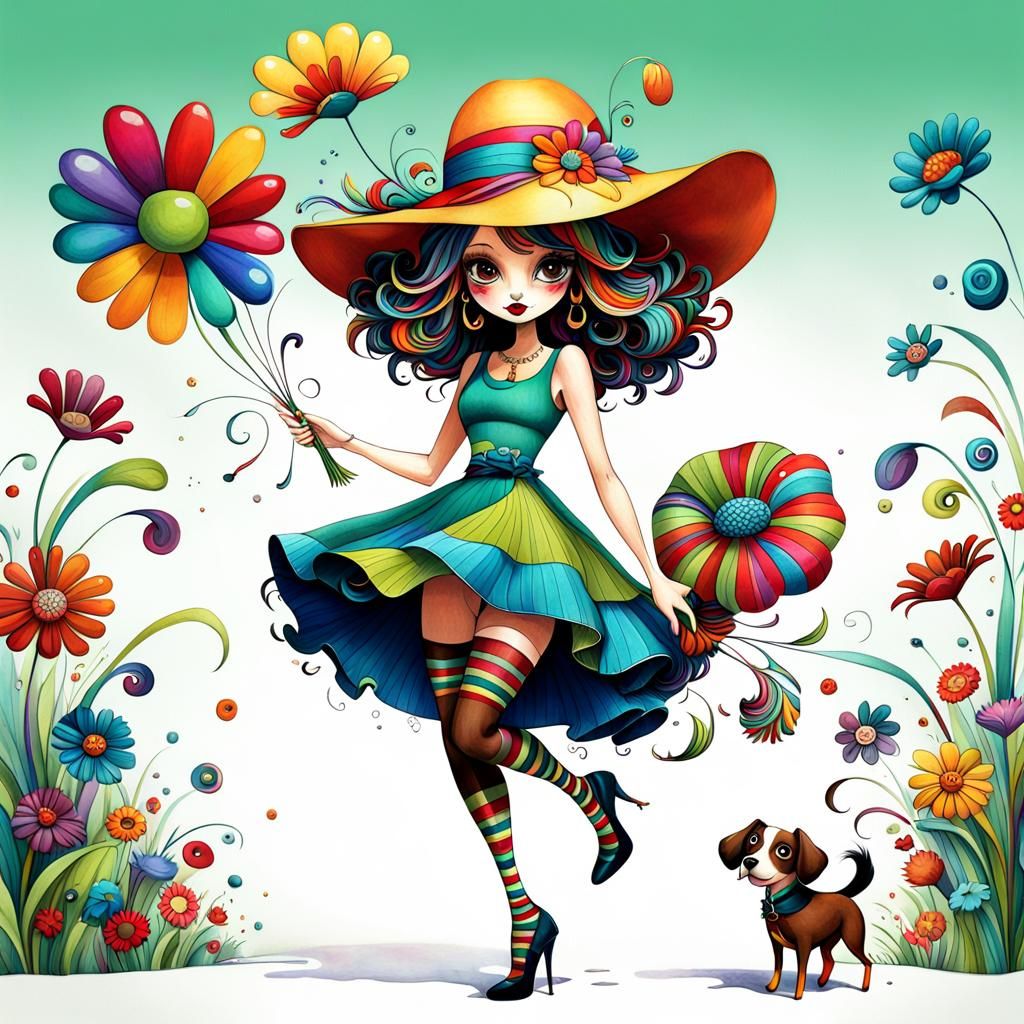 Whimsical Cartoon Girl with Colorful Flower