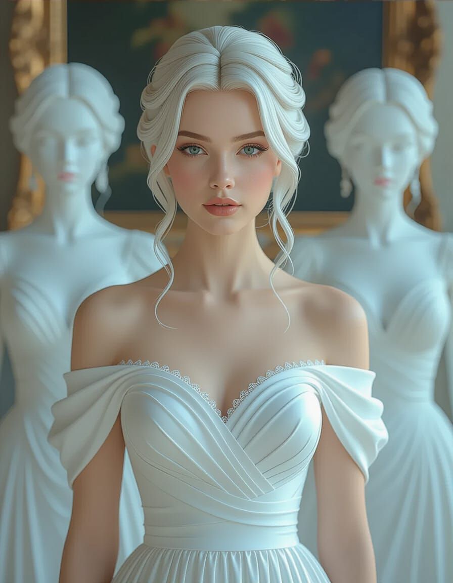 Photorealistic Woman Surrounded by Statues in 8k