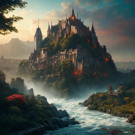 Panoramic View of River Confluence with Cave Village