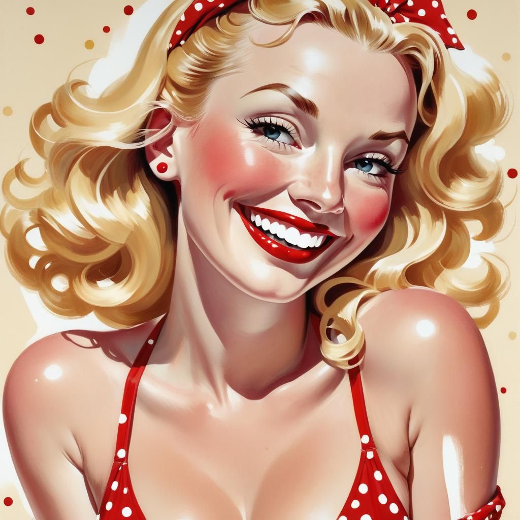 Blonde Woman in Red Swimsuit, Pin-Up Gouache Style