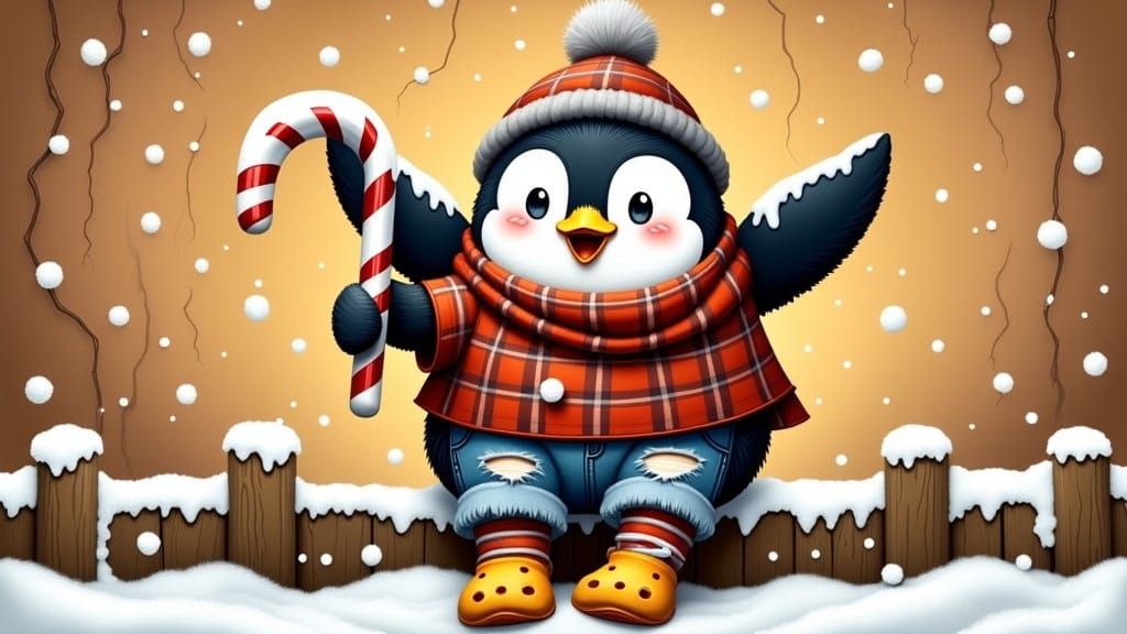 Cartoon Penguin Christmas Scene in Whimsical Style