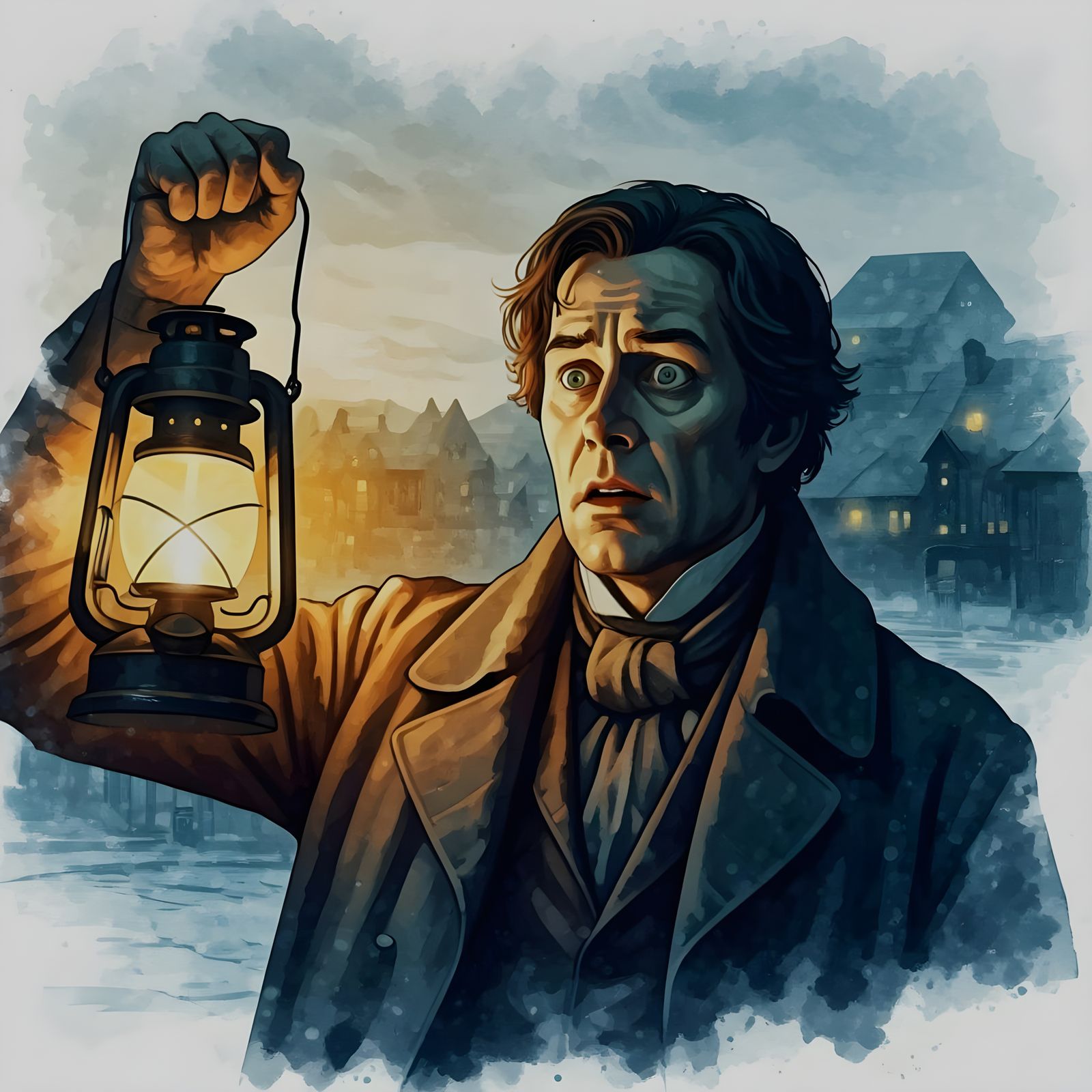 Eerie Victorian Man with Lantern Watercolor