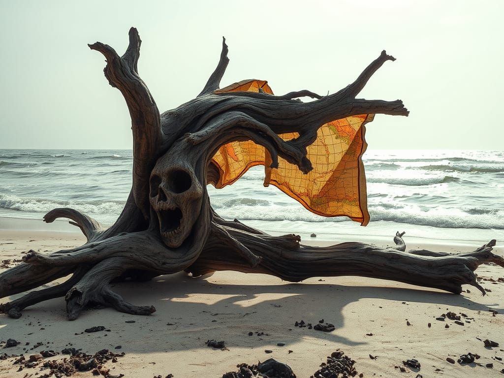 Driftwood Curling Eroded Olde-World Map, Charred and Rusty