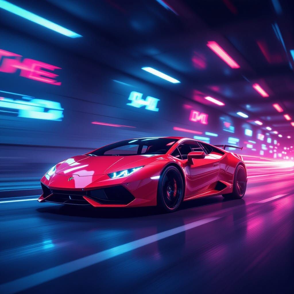 Red Lamborghini Speeds Through Tunnel with Light Streaks