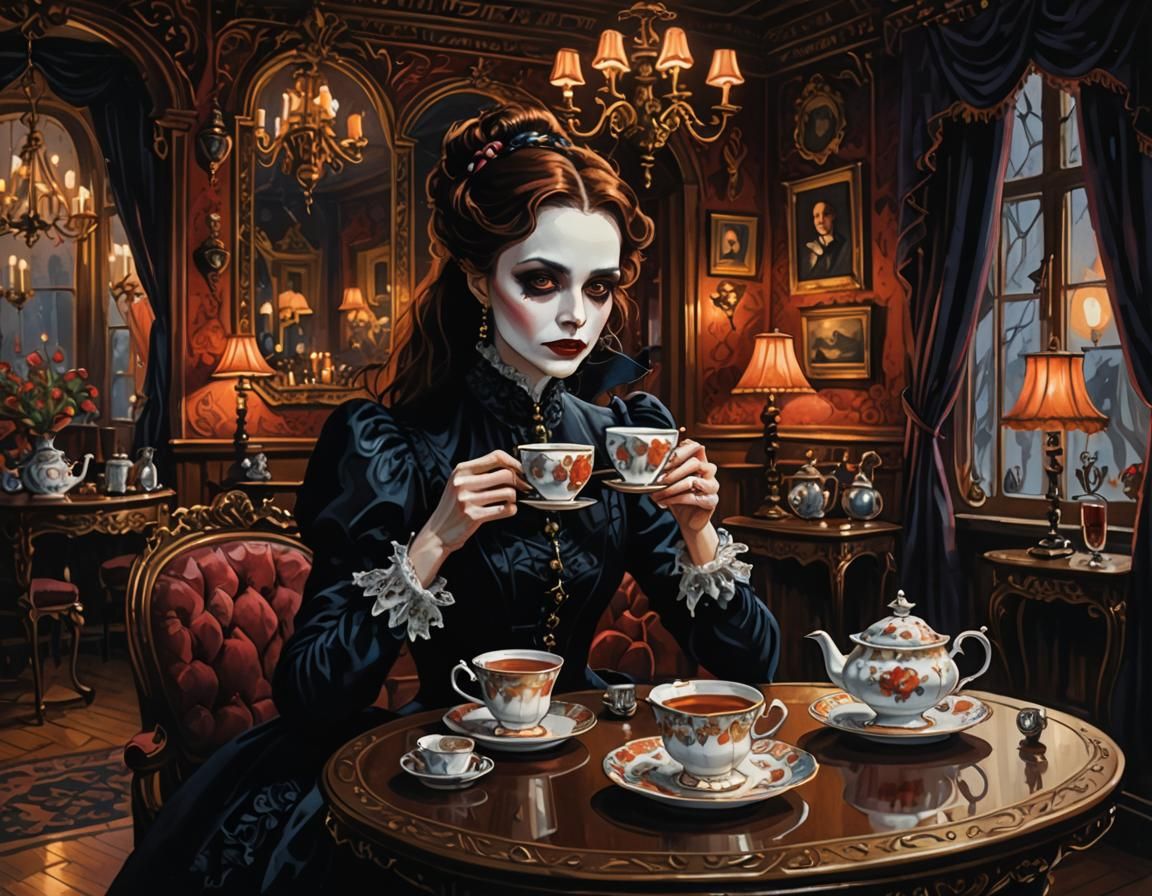 Victorian Vampire Sipping Tea, Whimsical Gouache Painting
