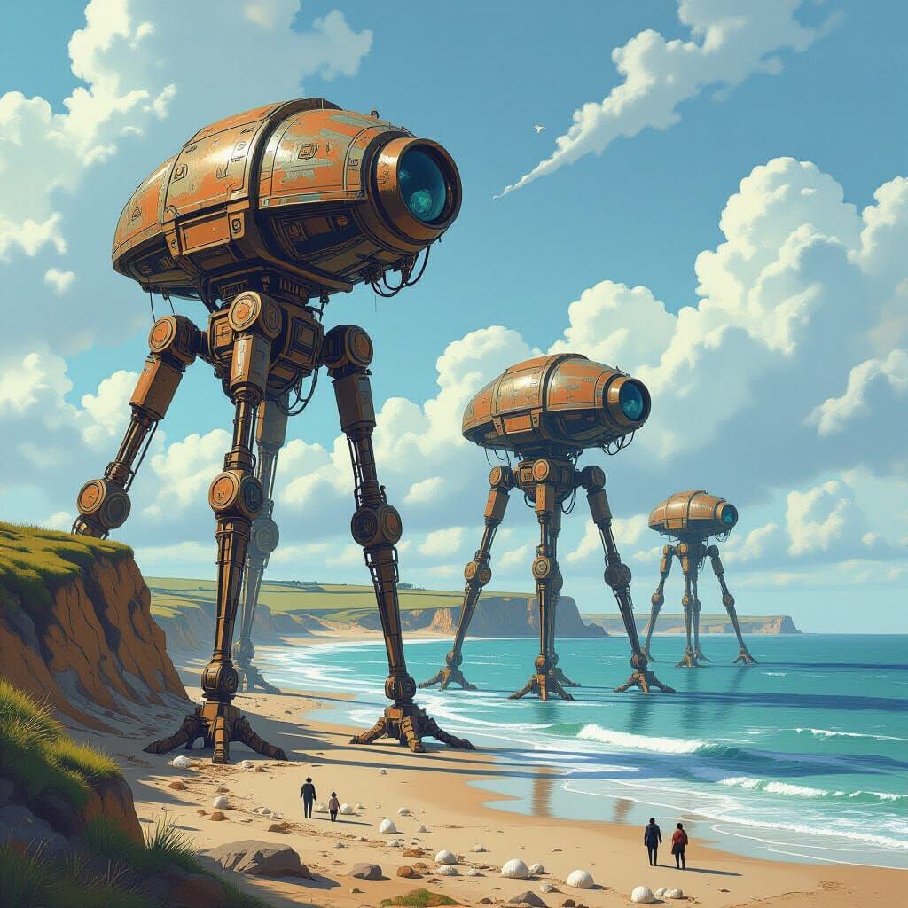 Steampunk Martian Tripods Collect Seashells on English Coast