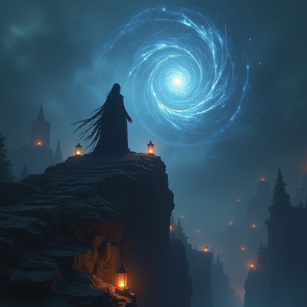 Mystical Sorceress Summons Magic in Dark Fantasy Scene