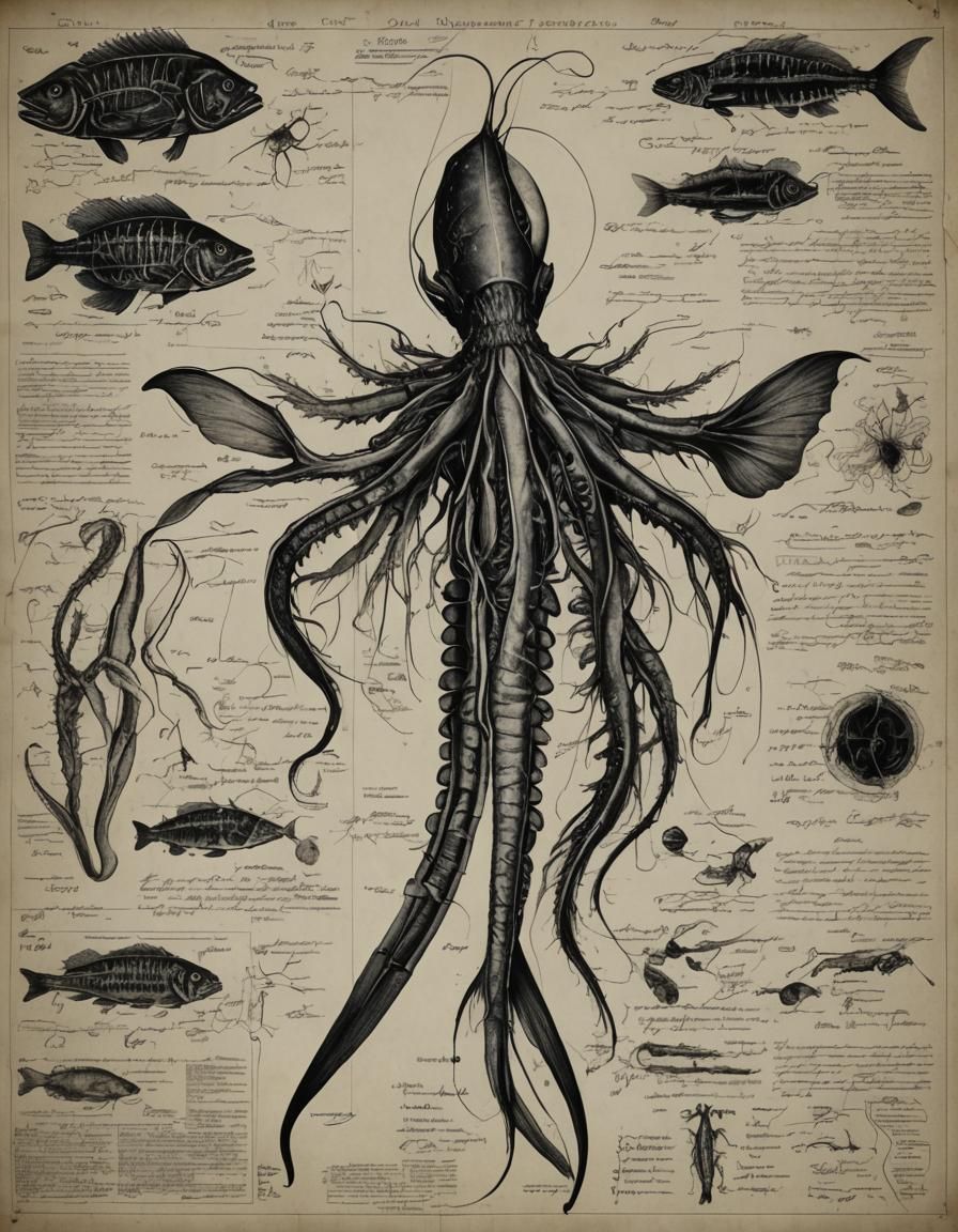 Detailed Blueprint of Mutated Tentacle Fish Autopsy
