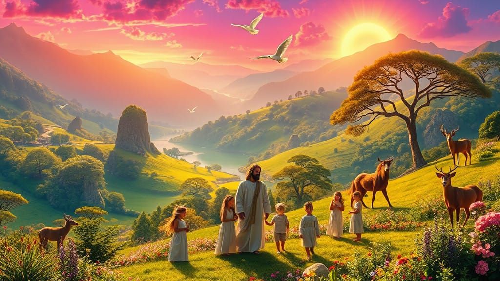 Ethereal Paradise with Radiant Sun and Happy Children