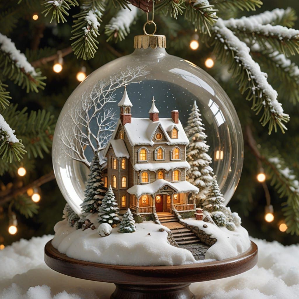 Crystal Glass Christmas Ornament with Miniature Village Scen...