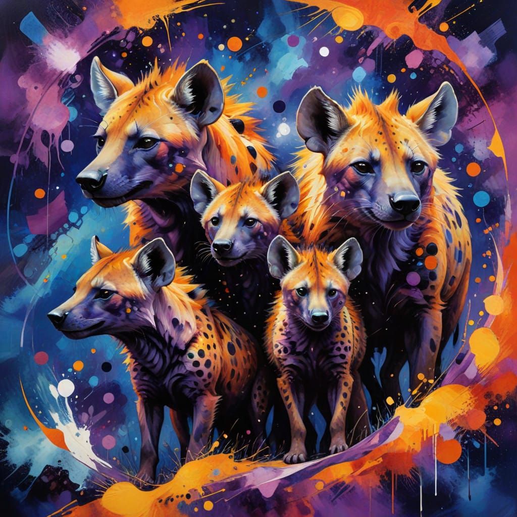 Vibrant Spotted Hyenas in Dreamlike Fantasy Landscape