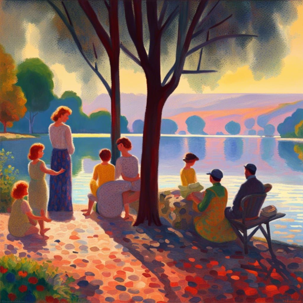 Impressionist Family Lake Scene in Pointillism Style