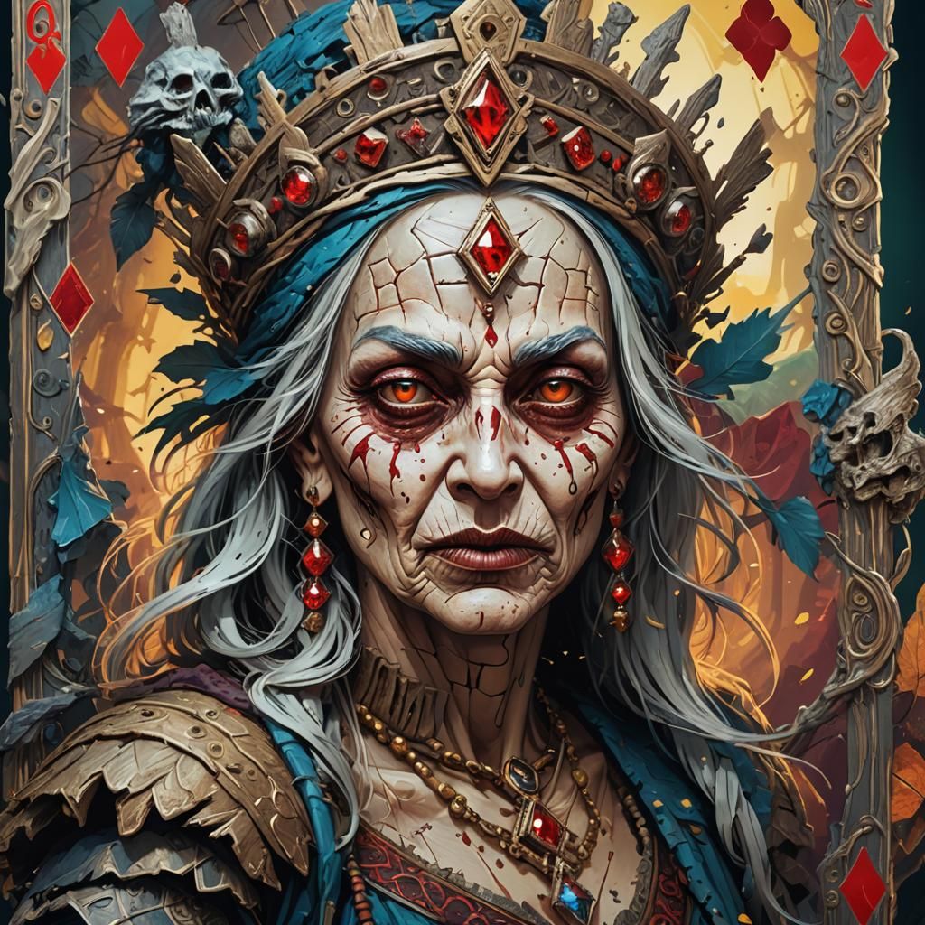 Baba Yaga as Queen of Diamonds in Hyperrealistic Style