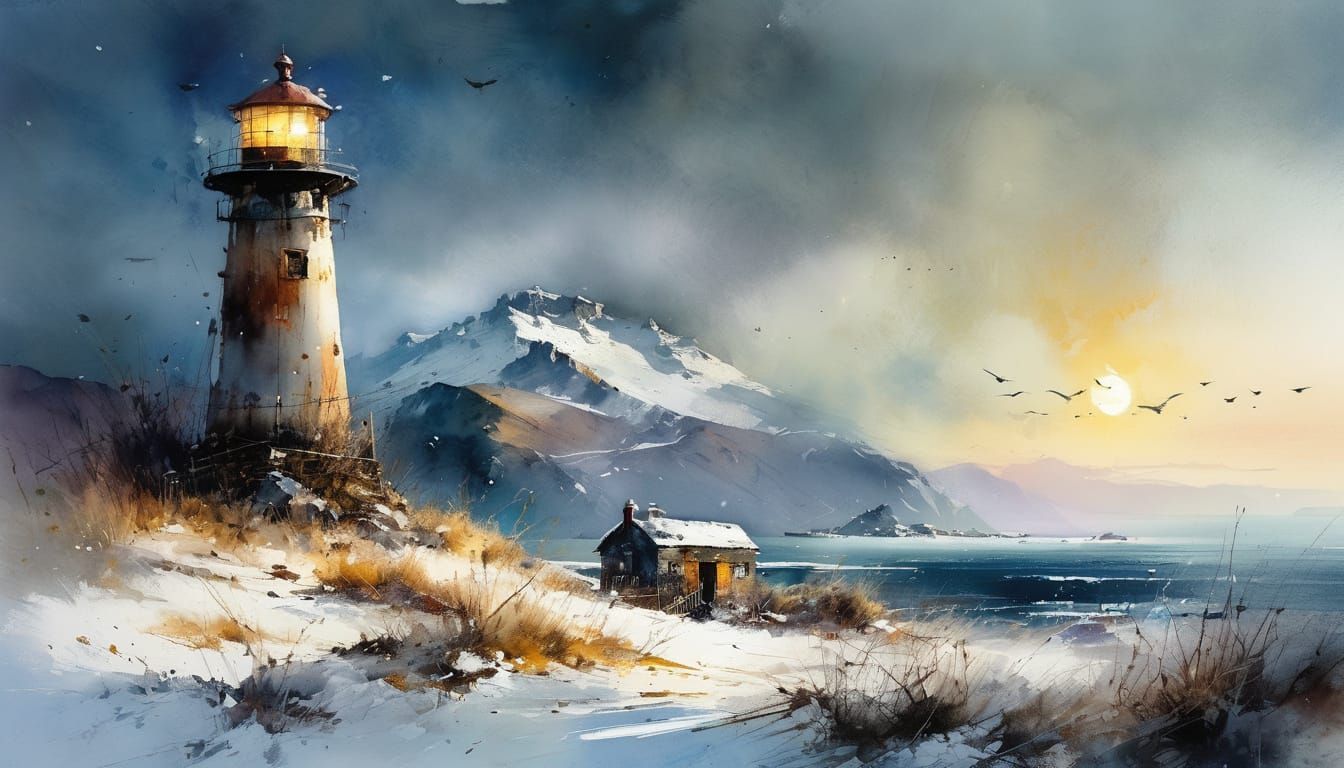Watercolor Lighthouse on Moon with Winter Mountains