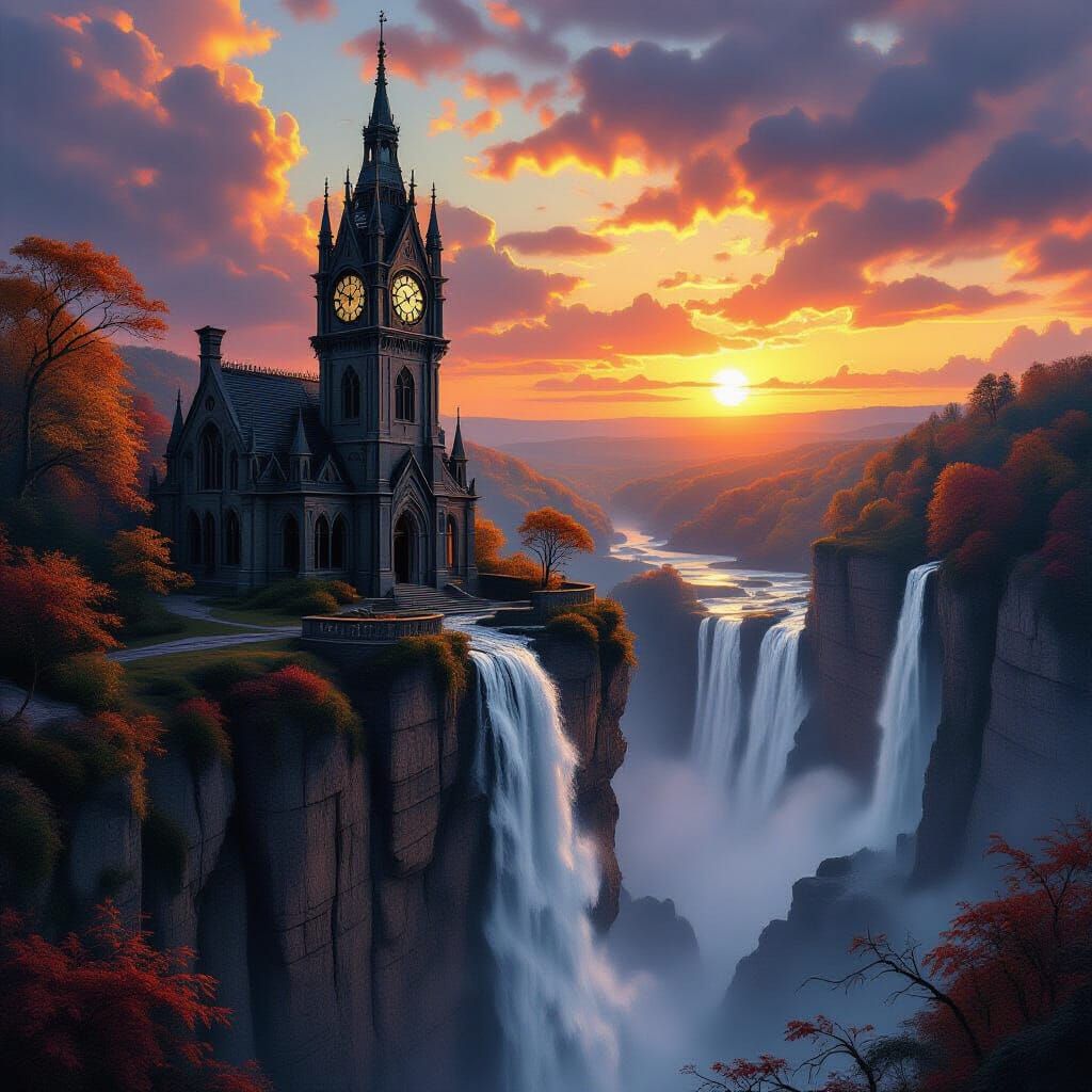 Gothic Clock Tower on Cliff Edge at Sunset