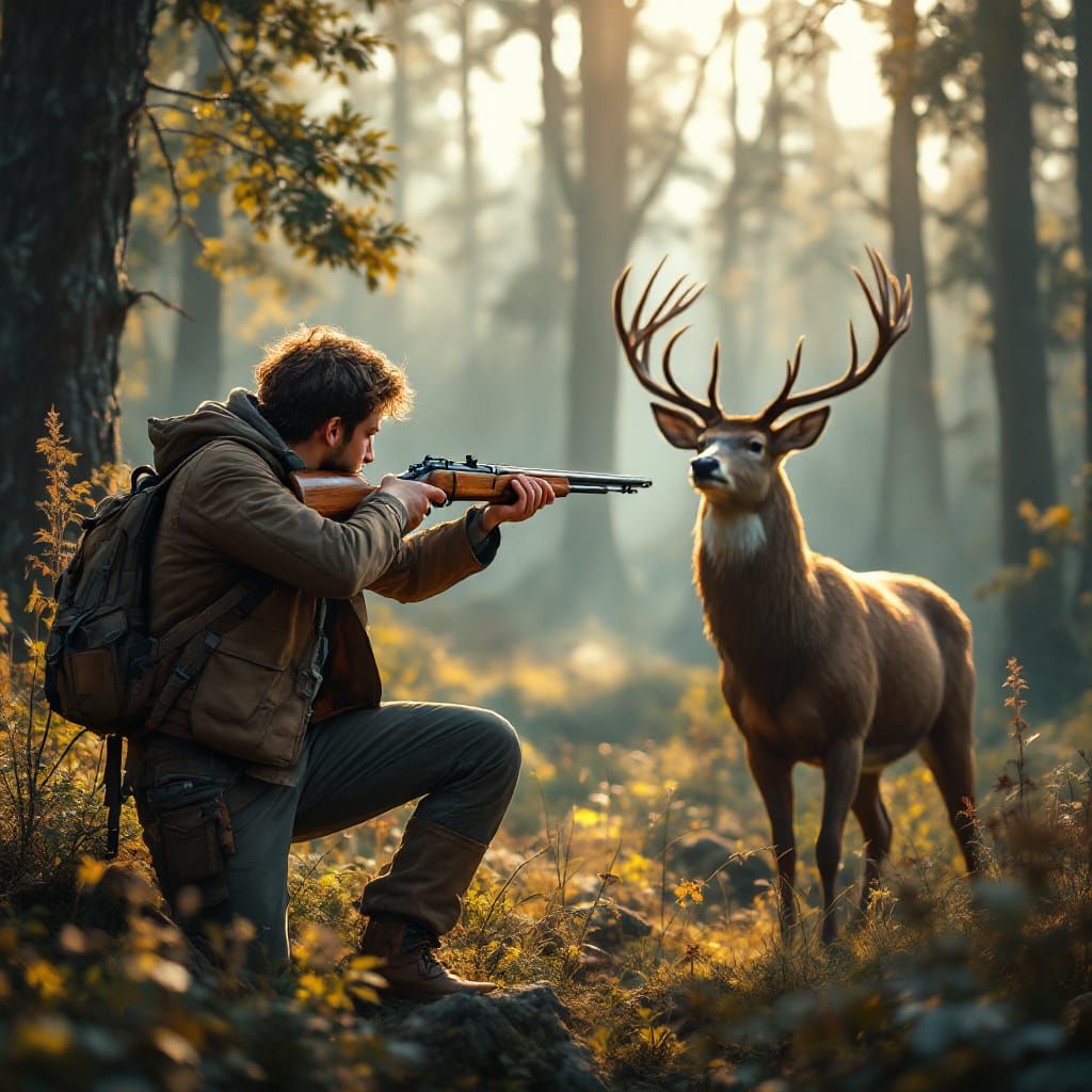 Boy Hunting Deer in Mystical Forest