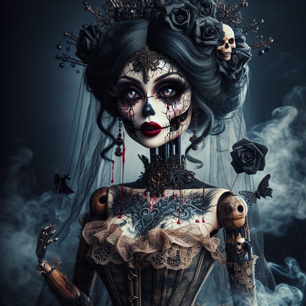 Ethereal Gothic Puppet-Woman in Frozen Black Lace and Velvet...