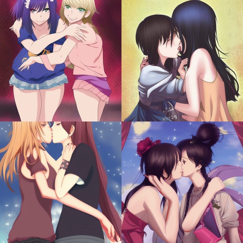 Lesbian Kiss in Anime Style