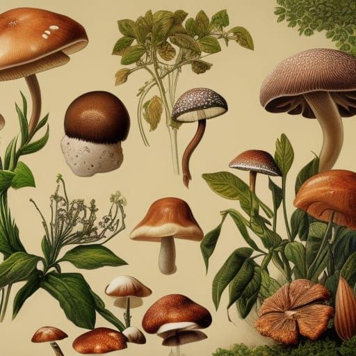 different types of mushrooms, botanical illustration, white ...