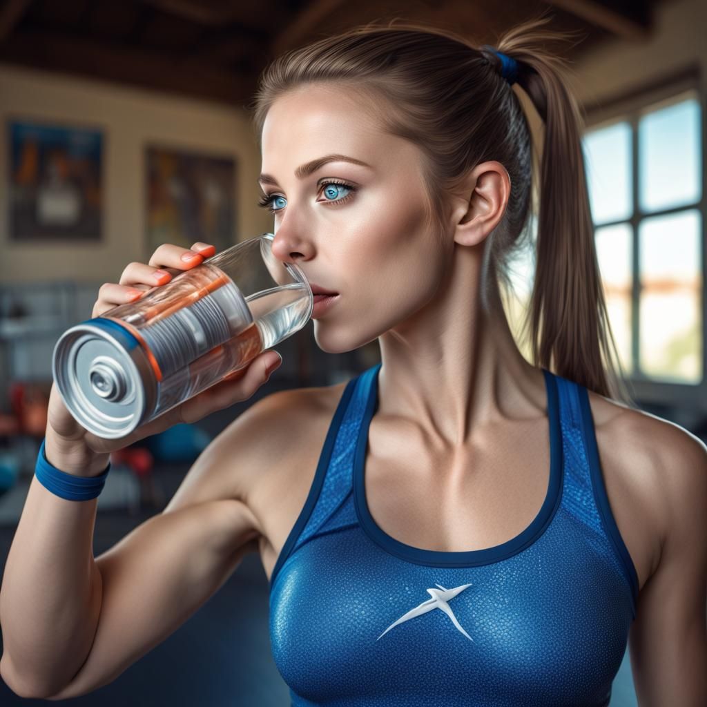 Hyperrealistic Young Woman Drinks Energy Drink