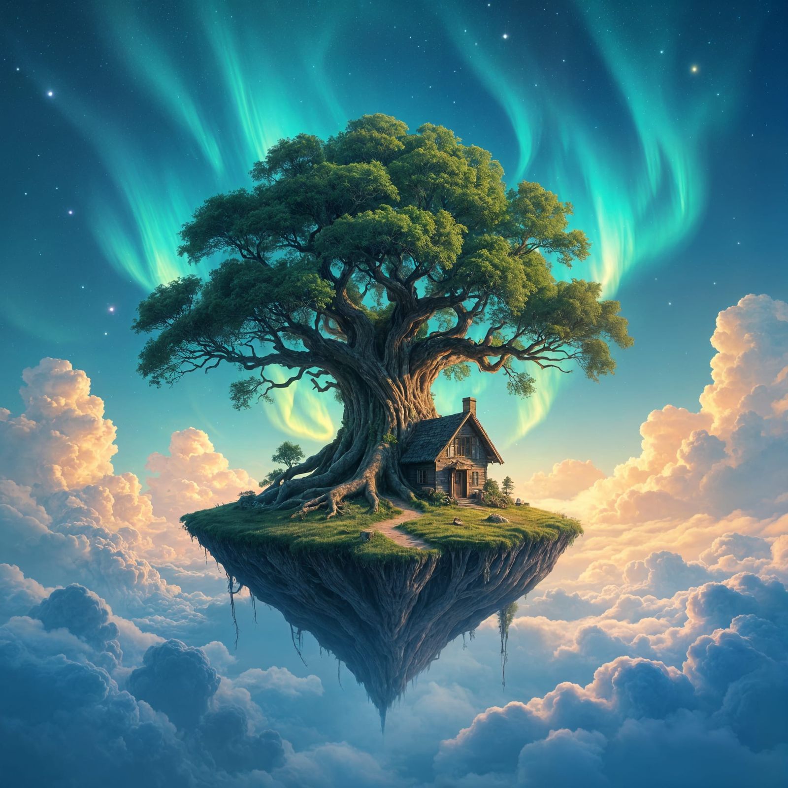 Ancient Floating Treehouse in Alien Aurora Sky