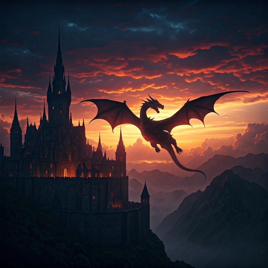 Majestic Dragon Soars Over Medieval Castle at Dawn