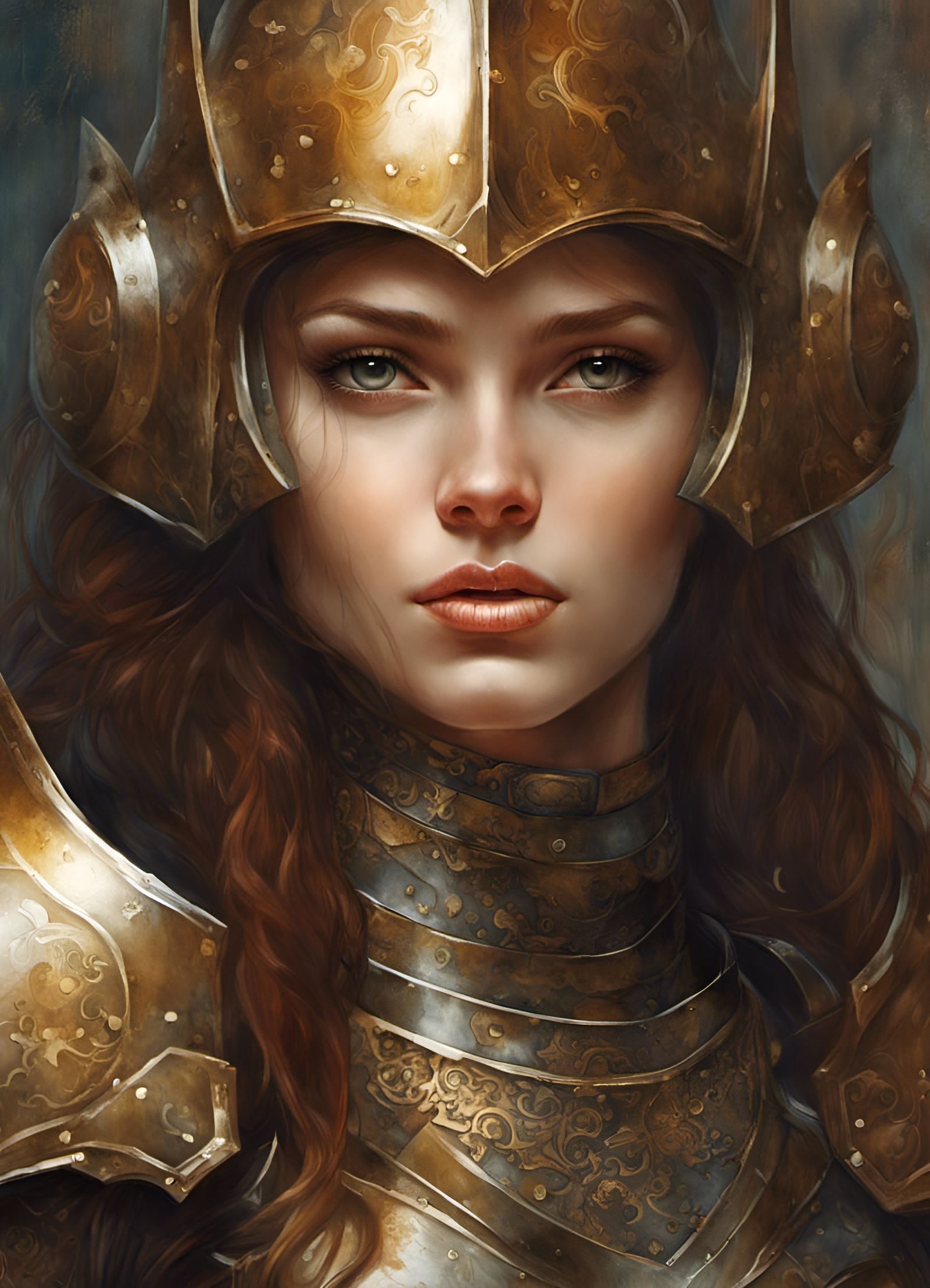 Ornate Knight Portrait in Iron and Gold Armor
