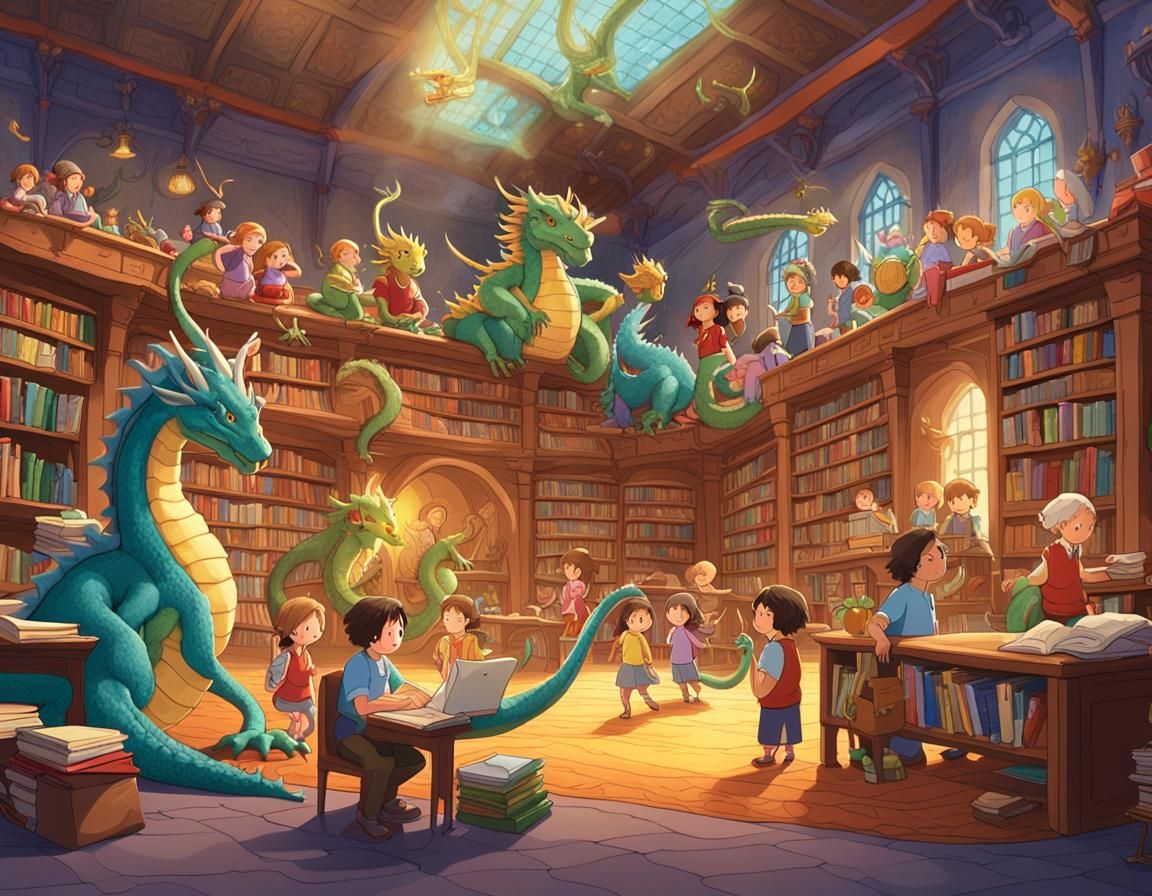 Mythical Creatures in School: Cartoon Fantasy Scene