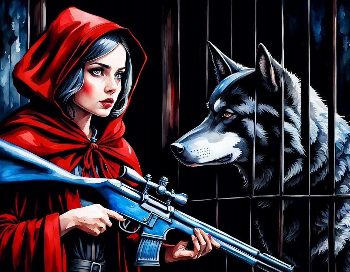 Red Riding Hood with Rifle: Oil Painting