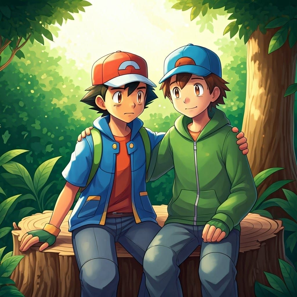 Ash Ketchum Comforted by Friend in Forest Scene