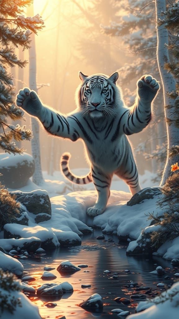 White Tiger Practicing Tai Chi in Misty Forest