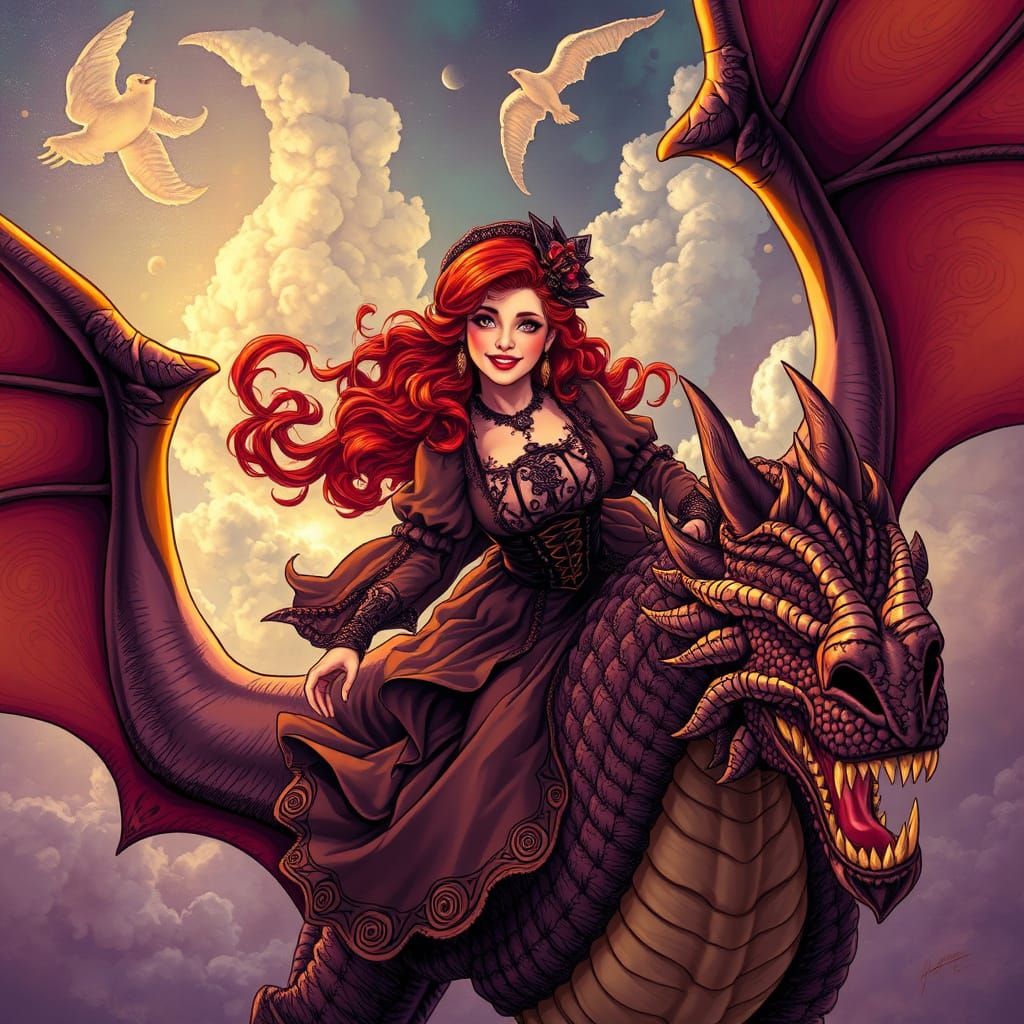 Victorian Maiden Riding Dragon in Alcohol Line Art Style