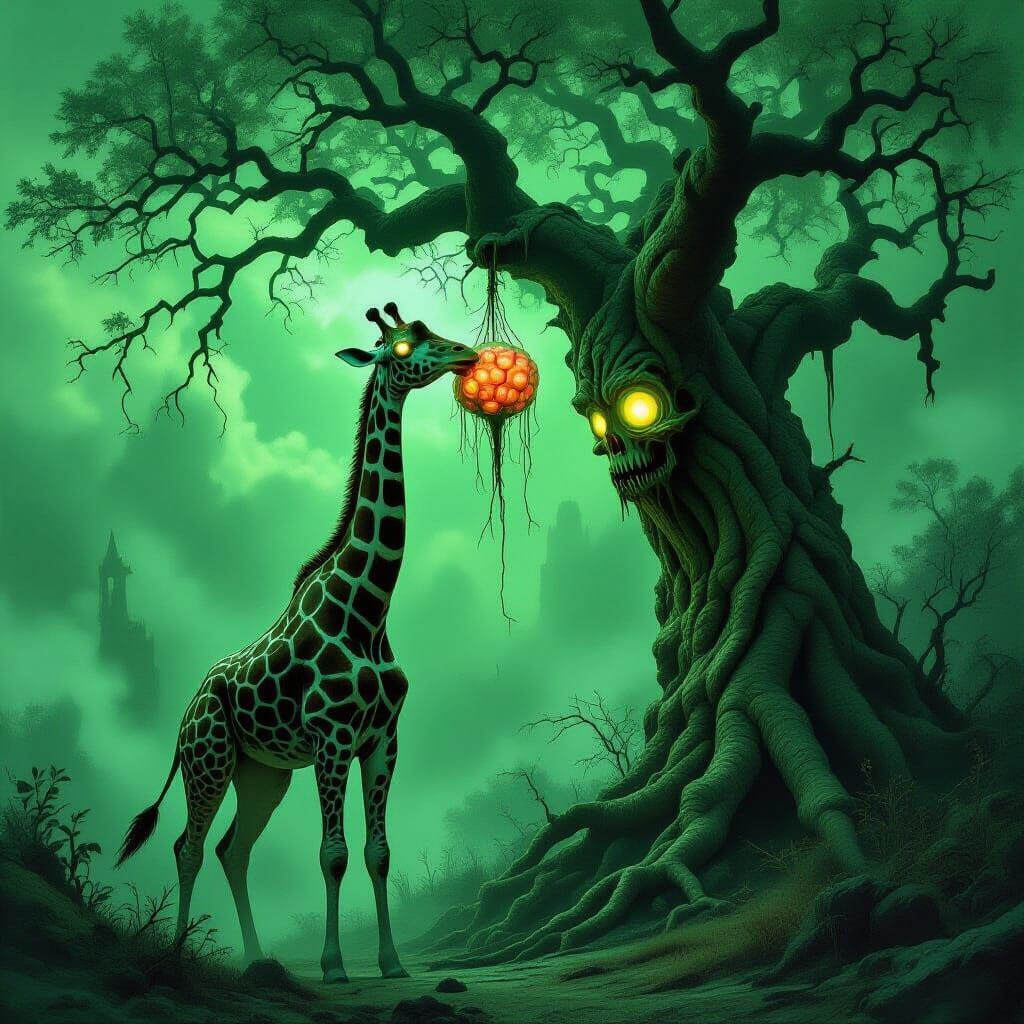 Reanimated Giraffe with Glowing Eyes and Brain Fruit