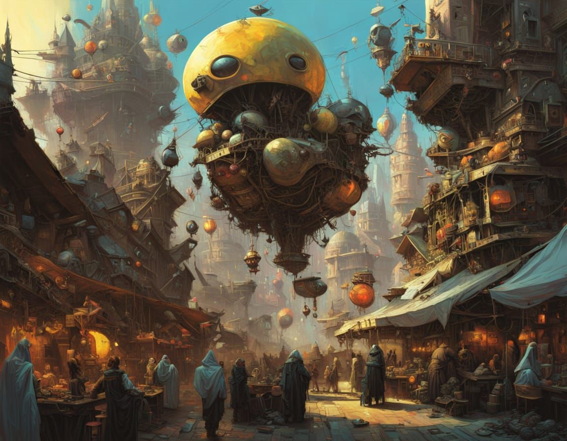 Alien Merchant in Floating Cyberpunk City Bazaar