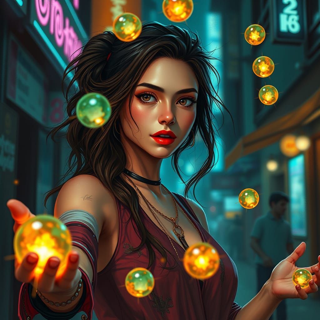 Expressionist Street Magician Tossing Glowing Orbs