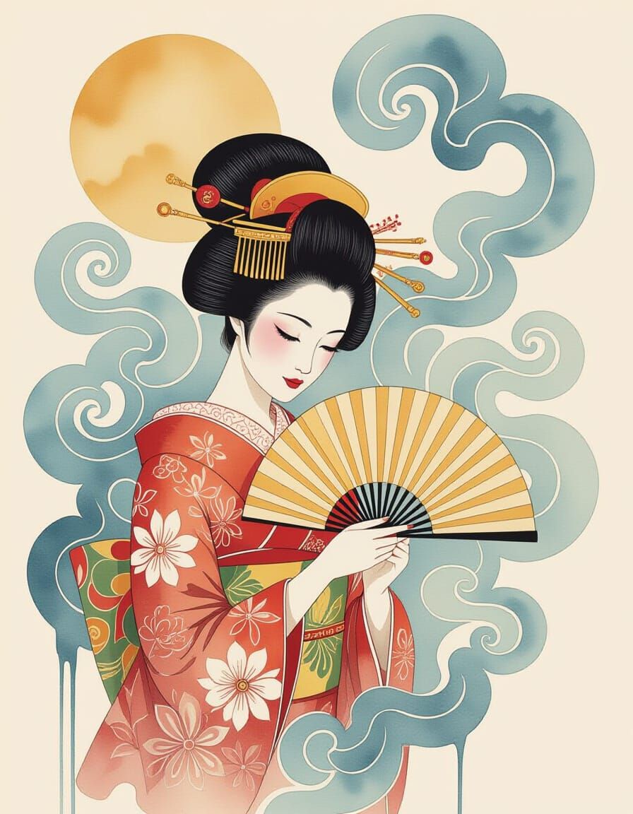 Surreal Geisha Watercolor Painting with Ornate Details
